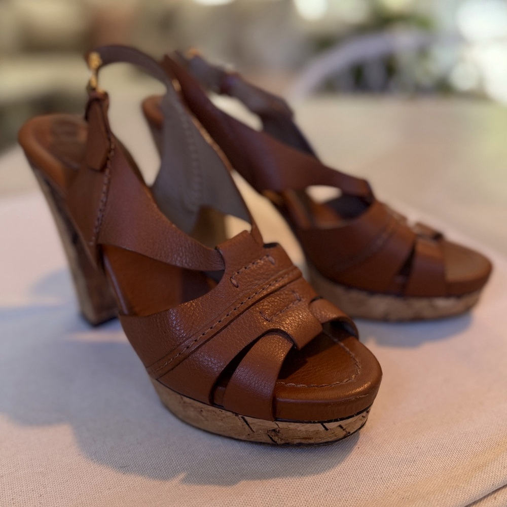 CHLOE Cognac Leather Platform Sandals with Cork Heels sz EU 38.5 / US 8/8.5 EUC